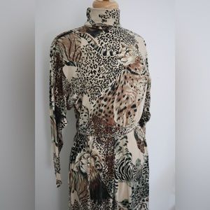 Animal Print Long Sleeve Dress with High Neckline Medium (M)
